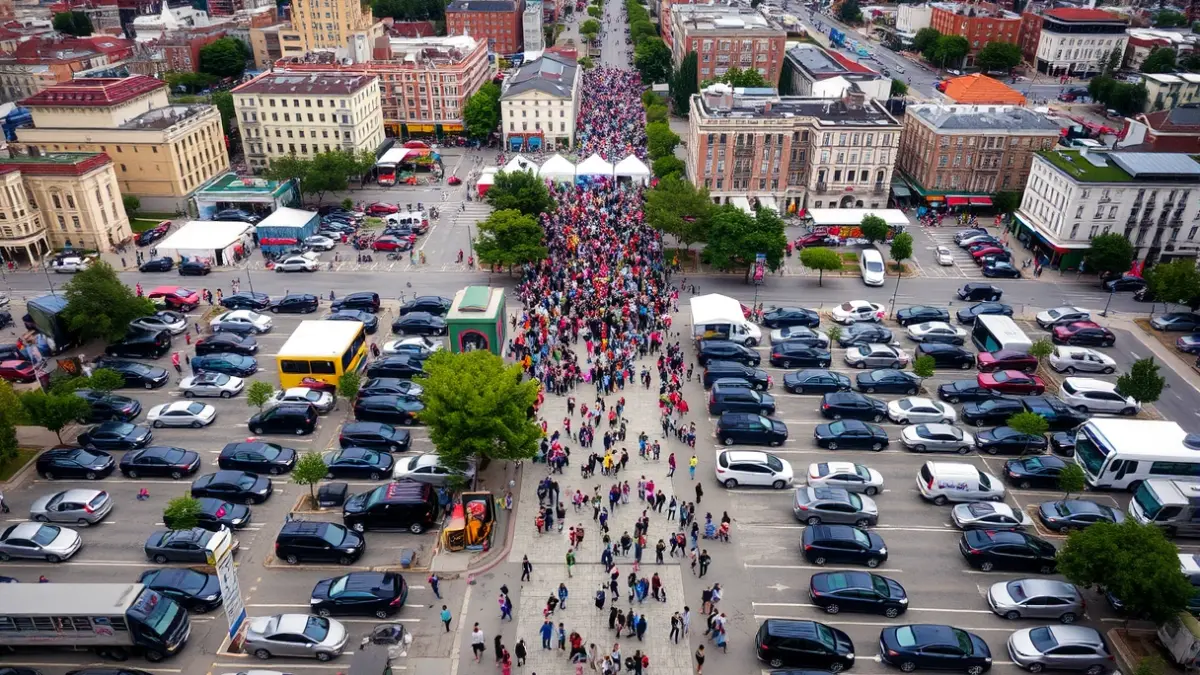 Aerial image of a city with full parking lots during an event.