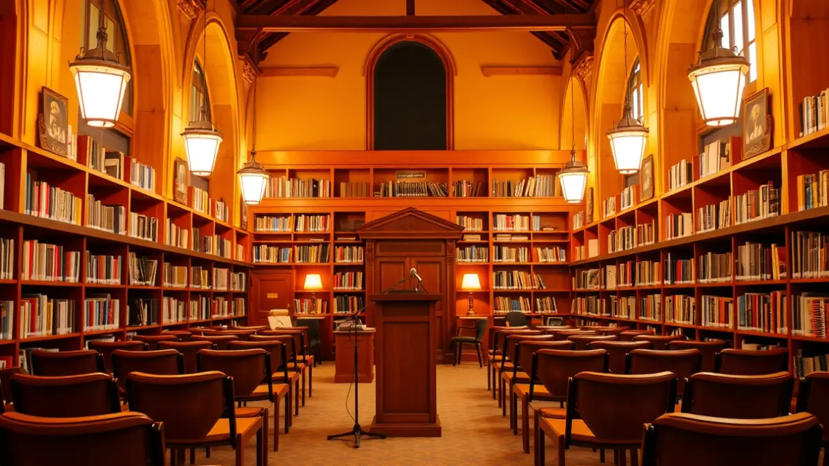 Generic image of a reading or storytelling space with a microphone and empty chairs.