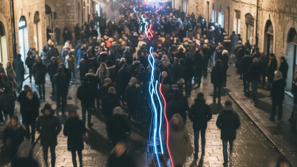 Imatge genèrica d'una manifestació nocturna en un carrer, amb llums d'emergència reflectint-se a l'asfalt mullat.