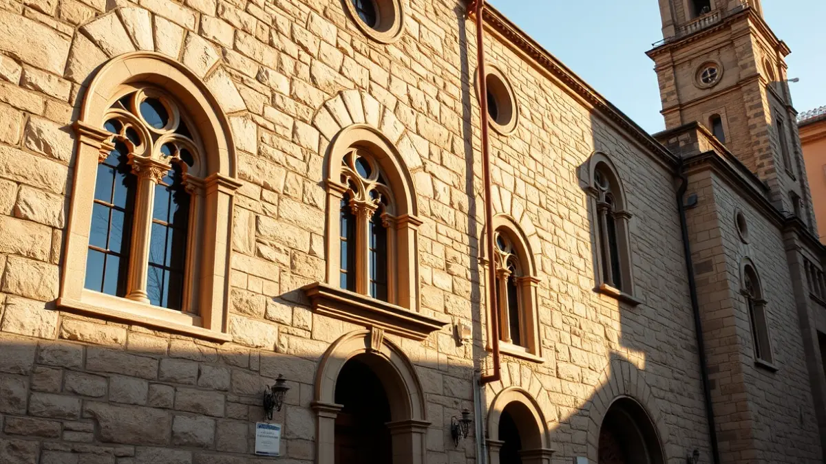 Façana d'un antic convent o monestir amb finestres ornamentades sota la llum del sol.