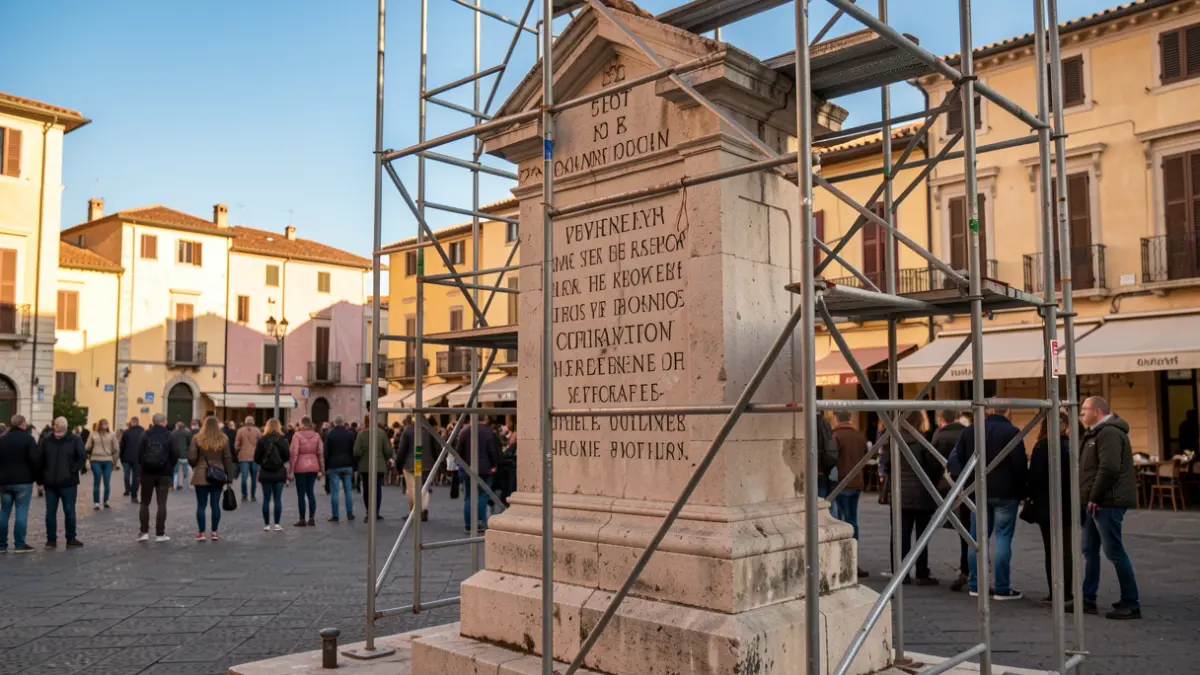 Monumento controvertido en Tortosa con andamios.