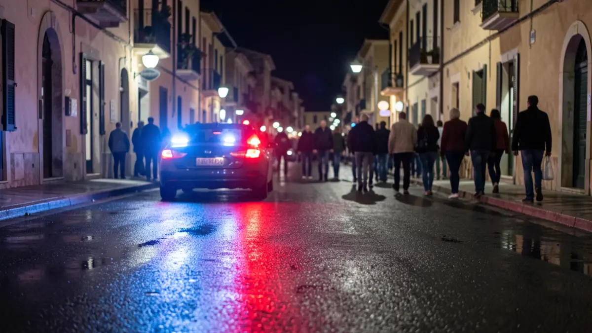 Imatge genèrica de llums d'emergència reflectint-se en asfalt mullat a la nit.