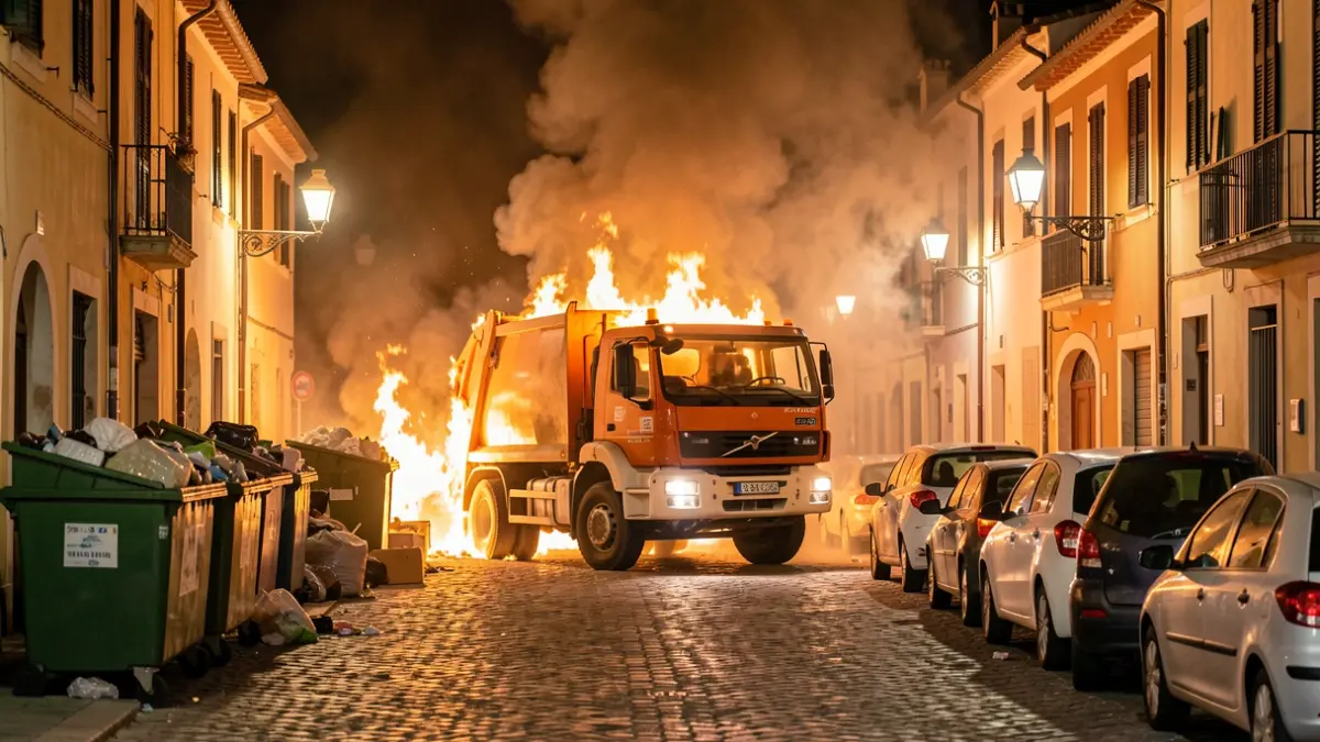 Imagen genérica de un camión de basura ardiendo de noche.