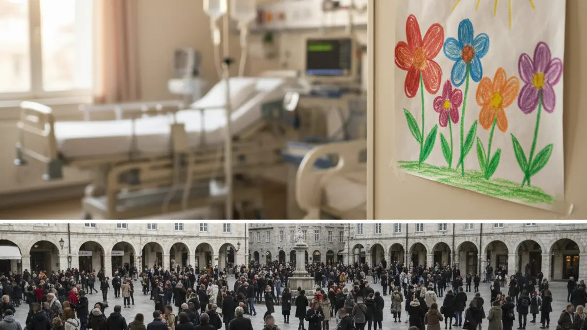 Generic image of a child's drawing on a hospital wall, with blurred medical equipment in the background.
