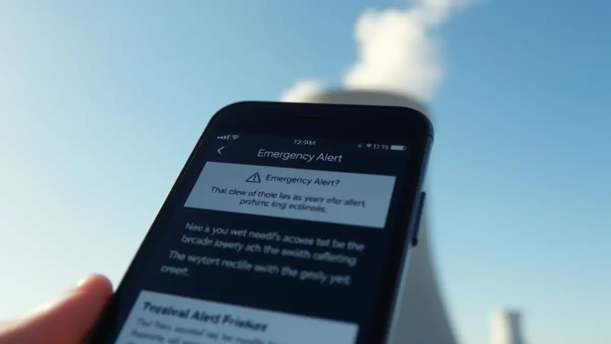 Image of a mobile phone displaying an emergency alert with a nuclear power plant in the background.