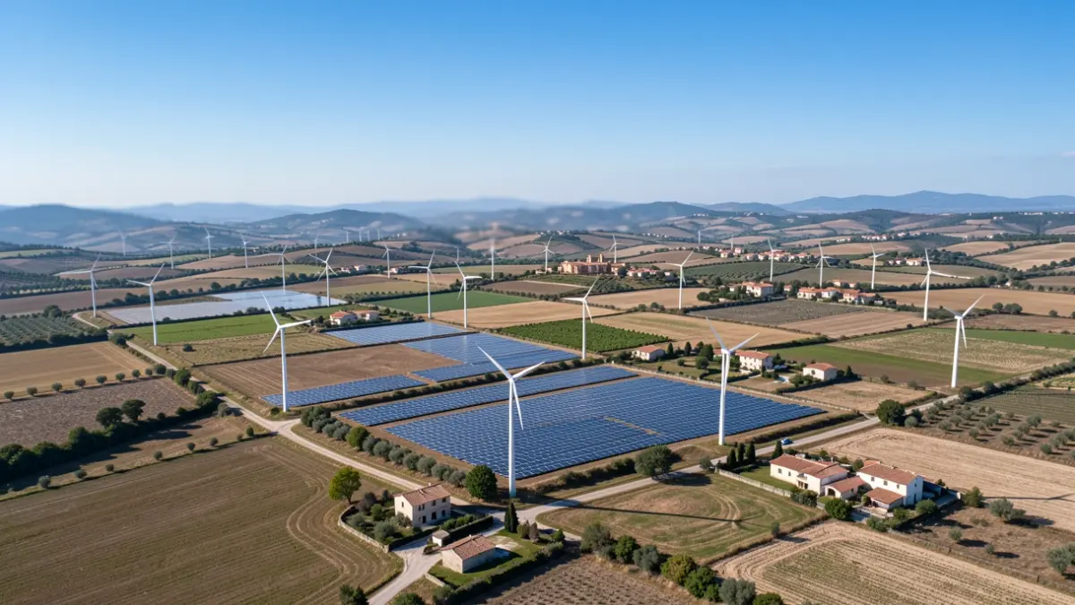 Imagen genérica de paisaje catalán con instalaciones de energías renovables y zonas agrícolas.