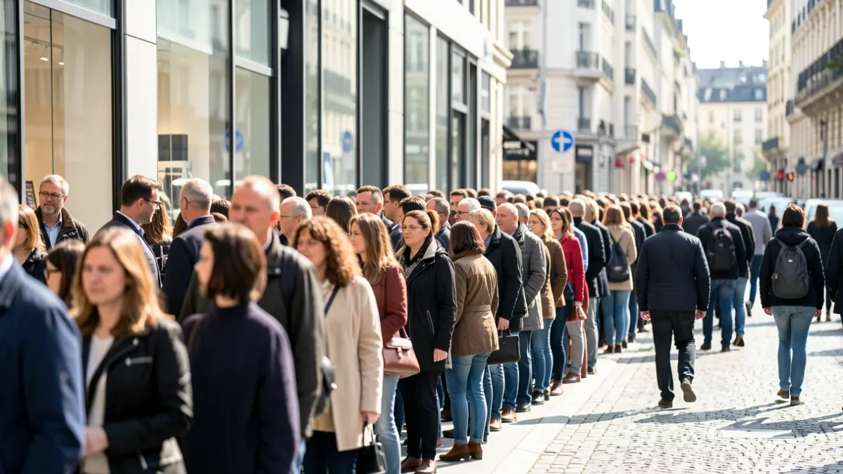 Imatge genèrica de clients fent cua davant d'una botiga.