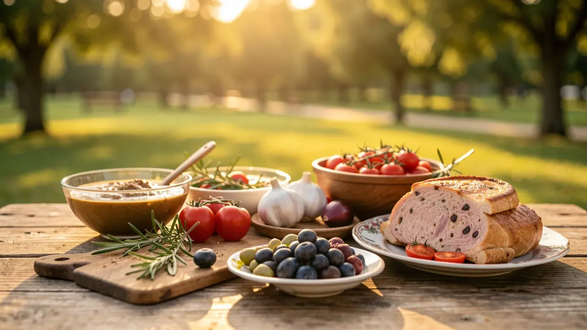 Imatge d'una taula amb productes gastronòmics en un entorn natural.