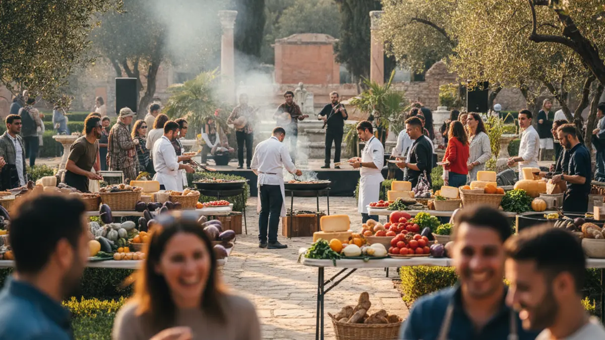 Image of an outdoor gastronomic festival with food stalls and people enjoying.