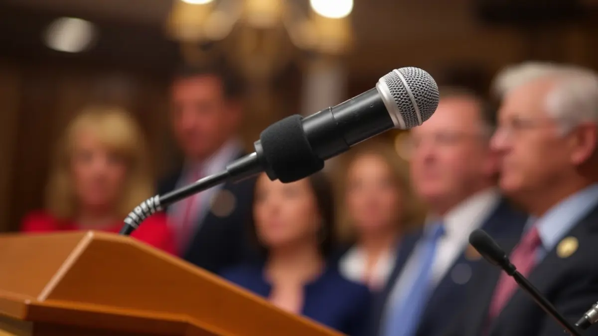 Generic image of a microphone on a podium during a press conference.