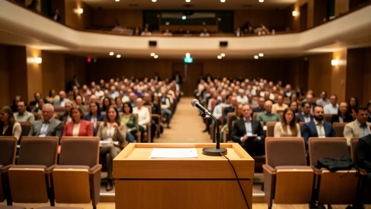 Imagen genérica de un auditori vacío con un micrófono.