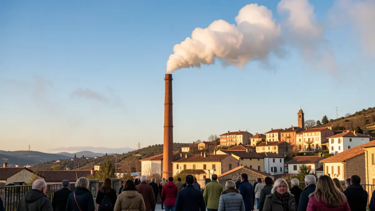 Imagen genérica de una chimenea industrial emitiendo humo sobre un pueblo catalán.