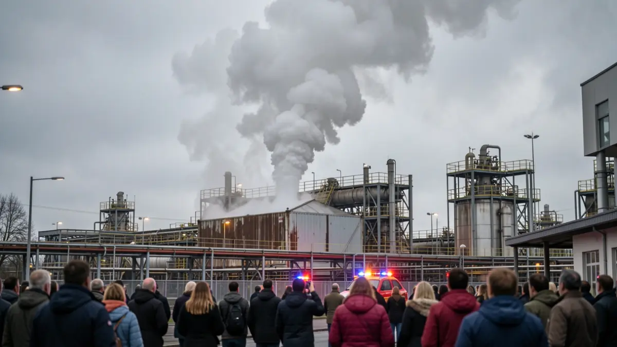 Imatge genèrica d'un núvol tòxic sortint d'una planta química amb llums d'emergència.