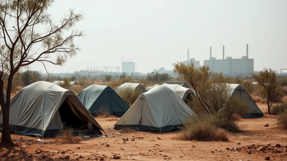 Image of tents in an urban lot, symbolizing a homeless encampment.