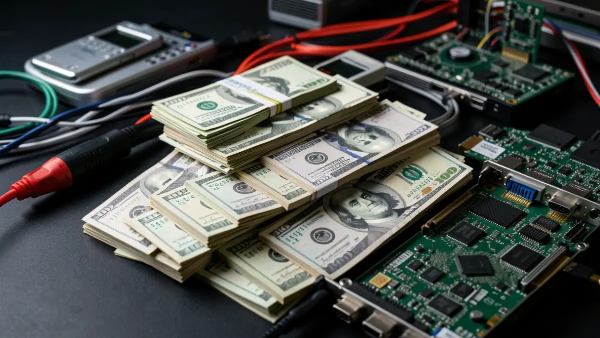 Generic image of cash and electronic equipment related to illegal activities.