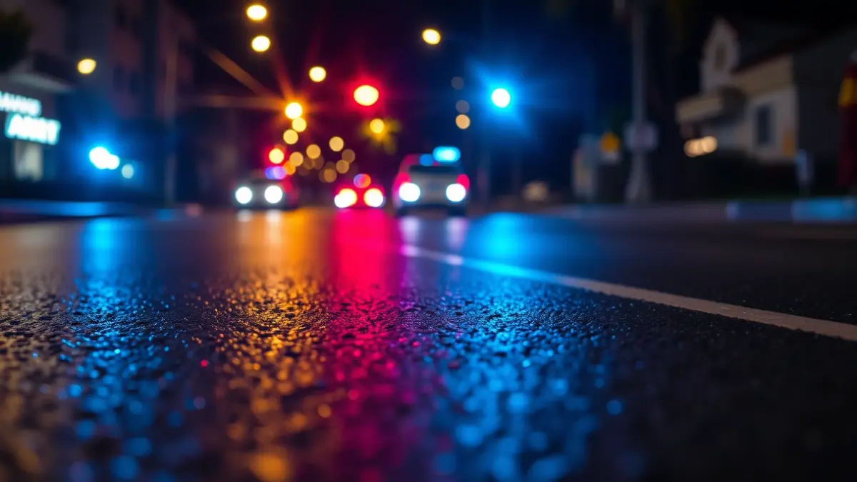 Generic image of emergency lights reflecting on wet asphalt in a Mediterranean urban setting.