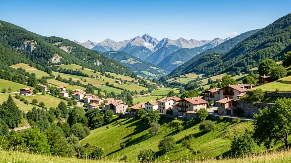 Imatge genèrica de la Vall d'Aran als Pirineus catalans amb pobles i muntanyes.