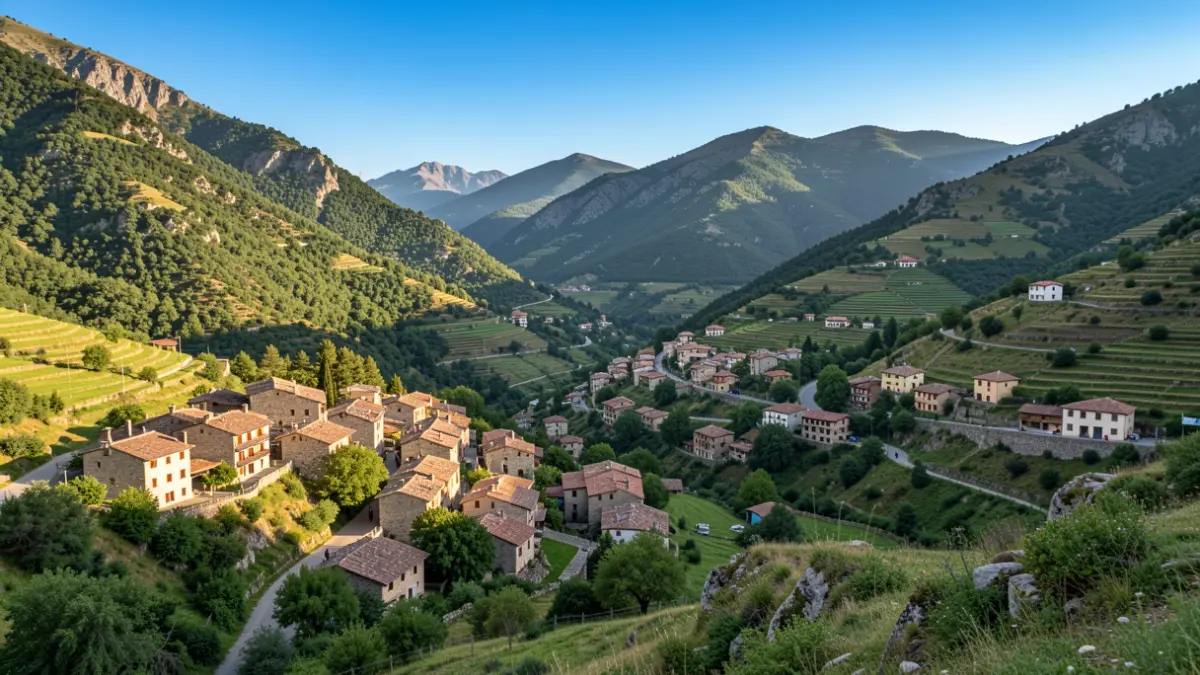Vista panoràmica de la Vall d'Aran amb pobles de pedra entre muntanyes.