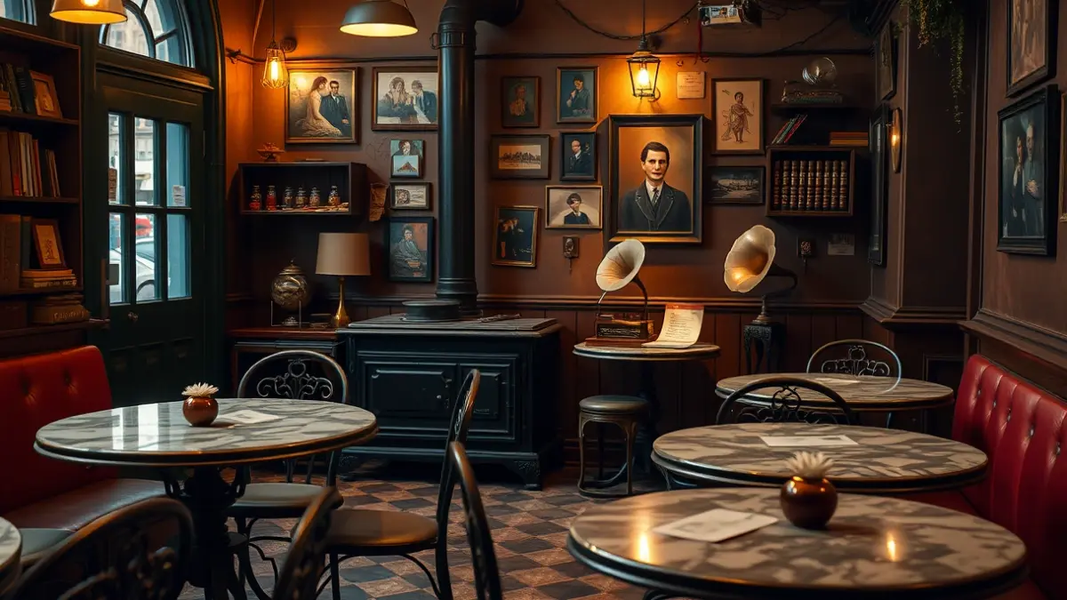 Interior de un café antiguo con mesas de forja y mármol, estufa de hierro fundido y gramola.