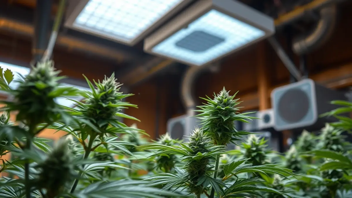 Imatge d'una plantació de marihuana en una nau industrial.