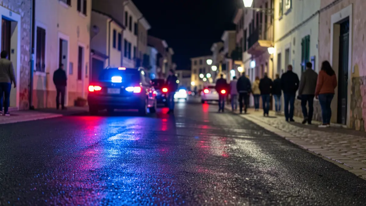 Imagen genérica de luces de emergencia policiales reflejándose en asfalto mojado por la noche.