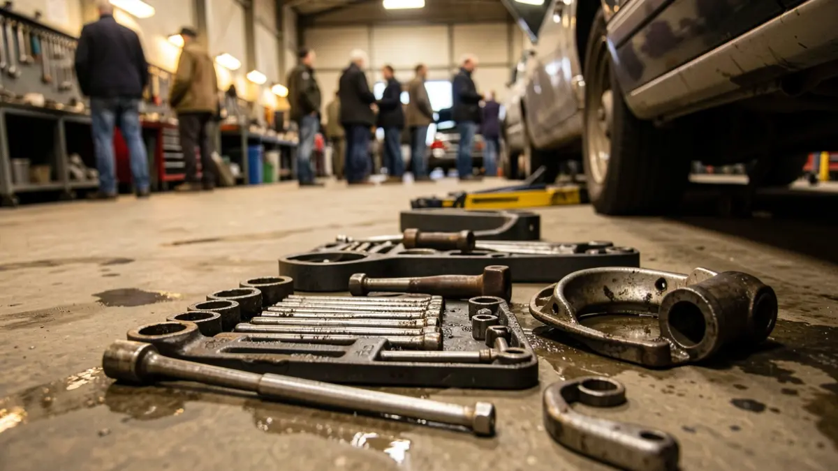 Generic image of a mechanical workshop with tools and vehicle parts.