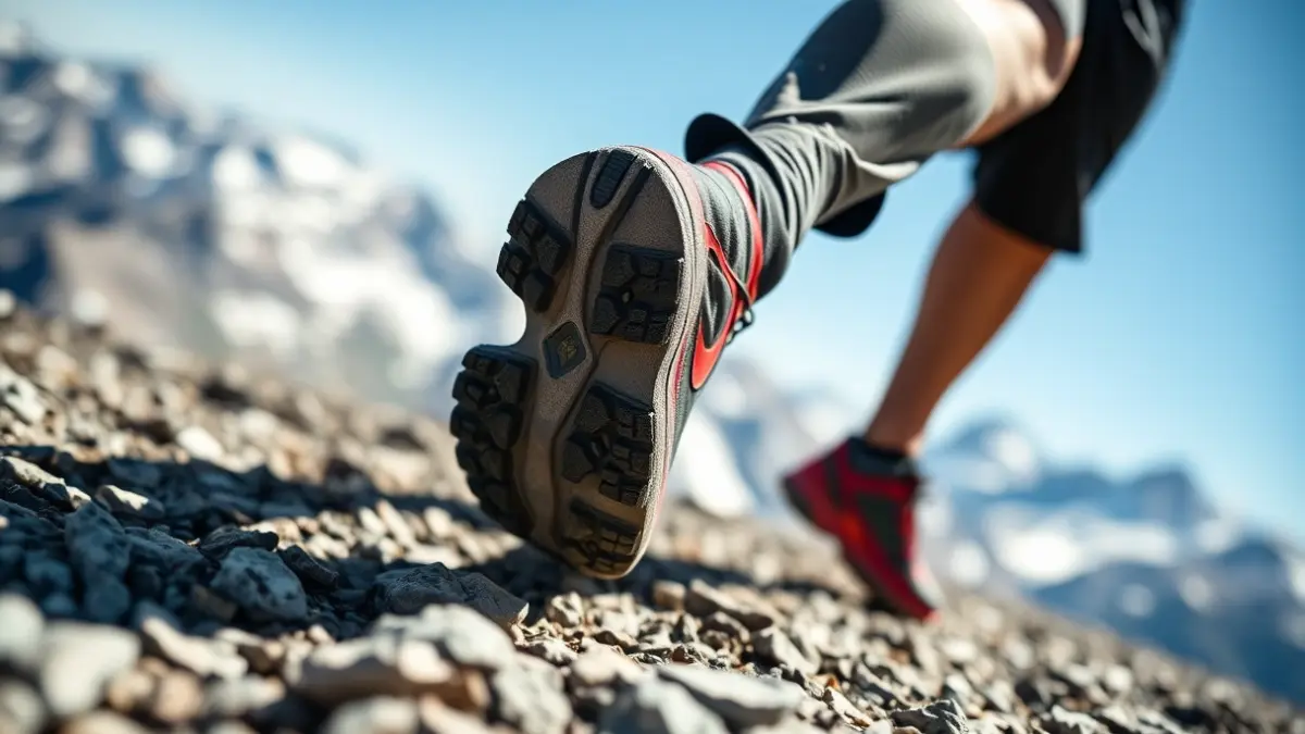 Generic image of trail running shoes on a mountain path with snow in the background.
