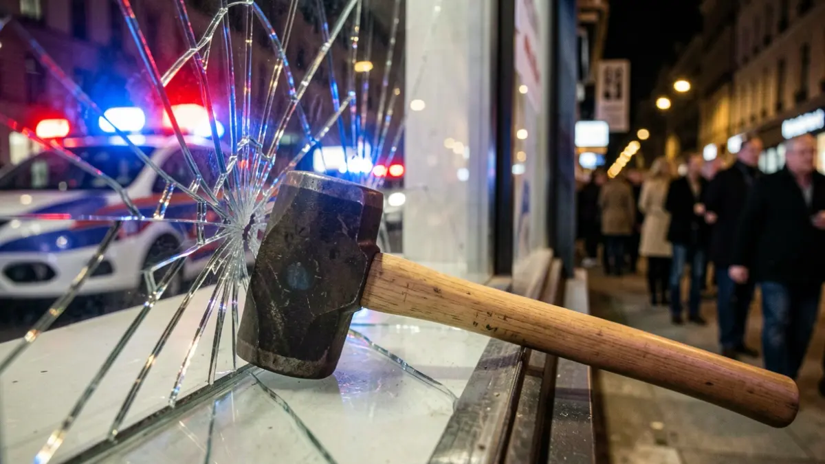 Imatge genèrica d'un martell sobre un aparador trencat amb llums de policia.