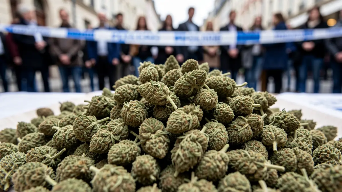 Imatge genèrica de cabdells de marihuana amb cinta policial al fons.