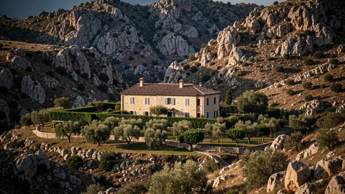 Imatge genèrica d'una finca aïllada amb jardí en un terreny de difícil accés.