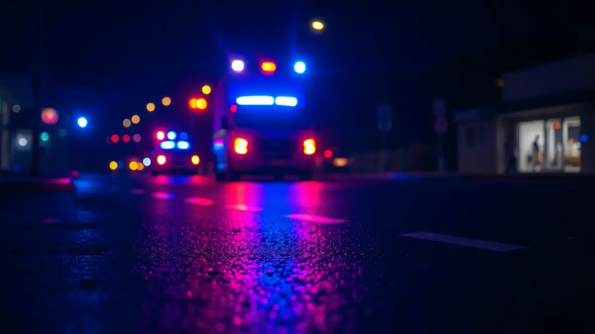 Generic image of emergency lights reflecting on wet asphalt at night.