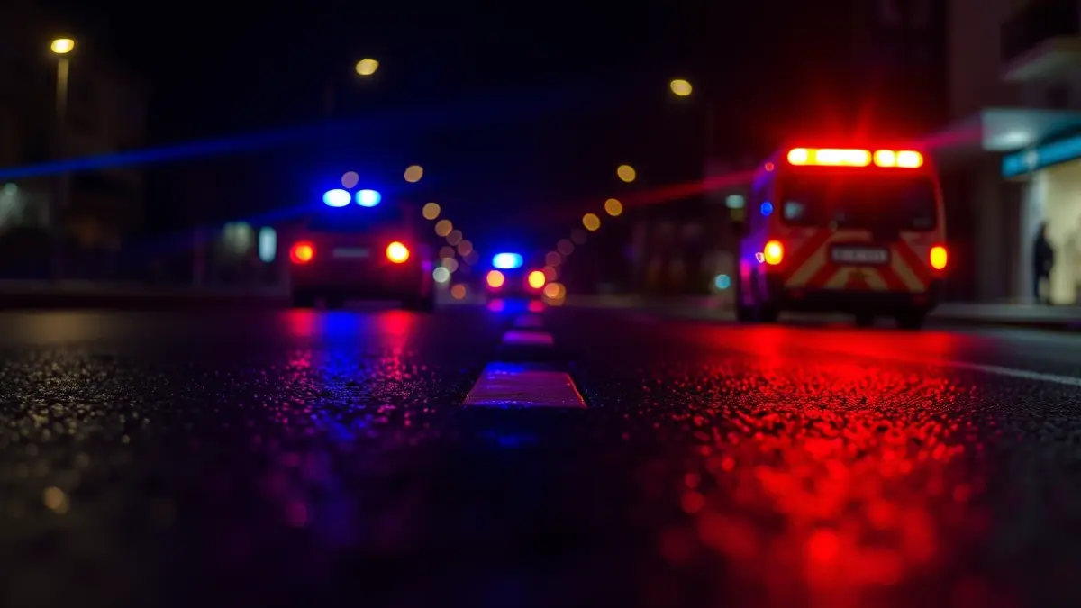Generic image of emergency lights reflecting on wet asphalt at night.