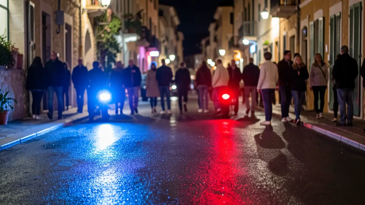 Imagen genérica de luces de emergencia policiales reflejándose en asfalto mojado.