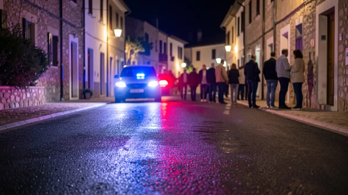 Imagen genérica de luces de emergencia policiales reflejándose sobre asfalto mojado por la noche.
