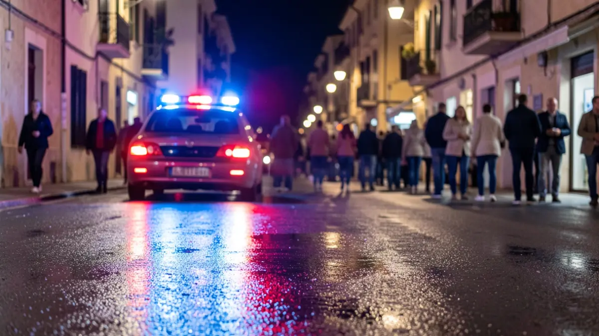 Imatge genèrica de llums d'emergència policials reflectint-se en asfalt mullat.