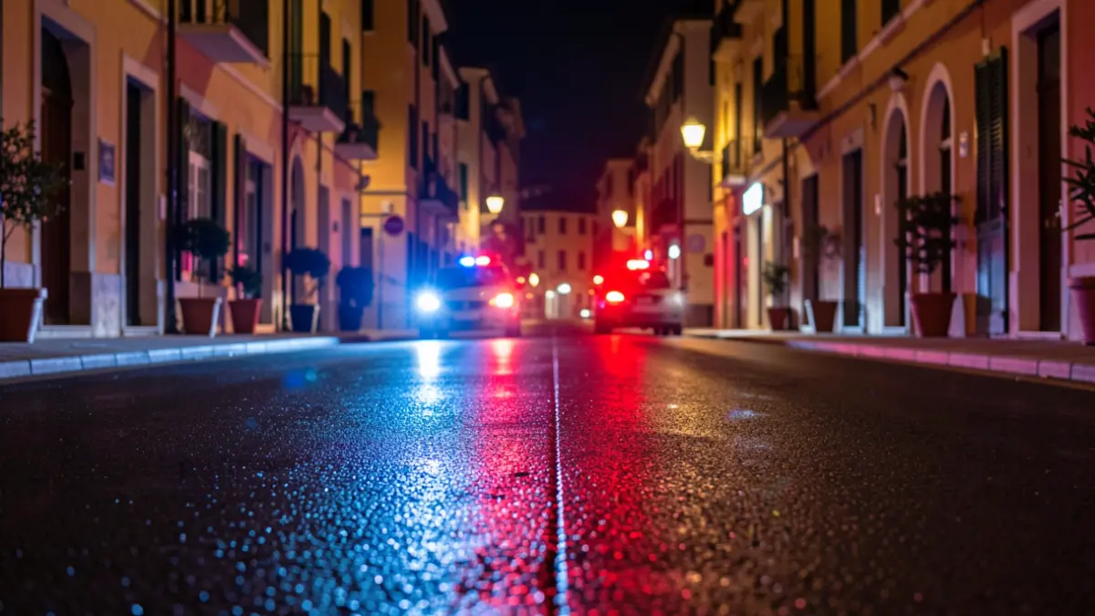 Imatge genèrica de llums d'emergència policial reflectides en l'asfalt.