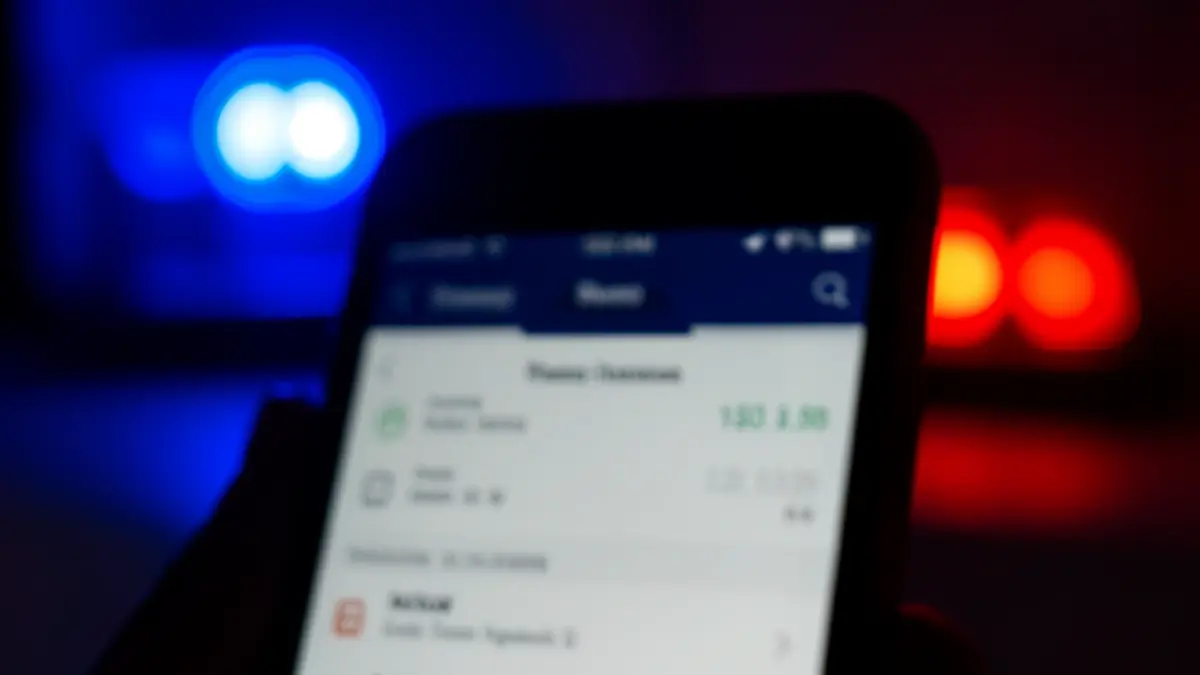 Generic image of police emergency lights reflecting on a mobile phone screen with a banking app.