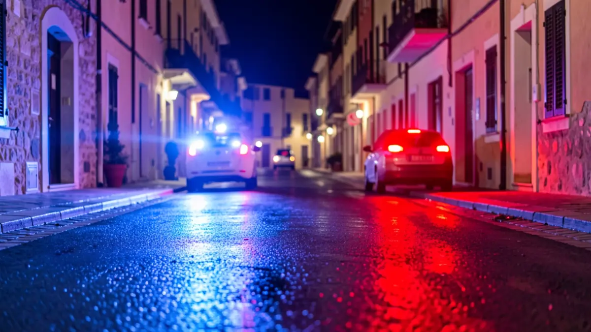 Imagen genérica de luces de emergencia policiales reflejándose en asfalto mojado por la noche.