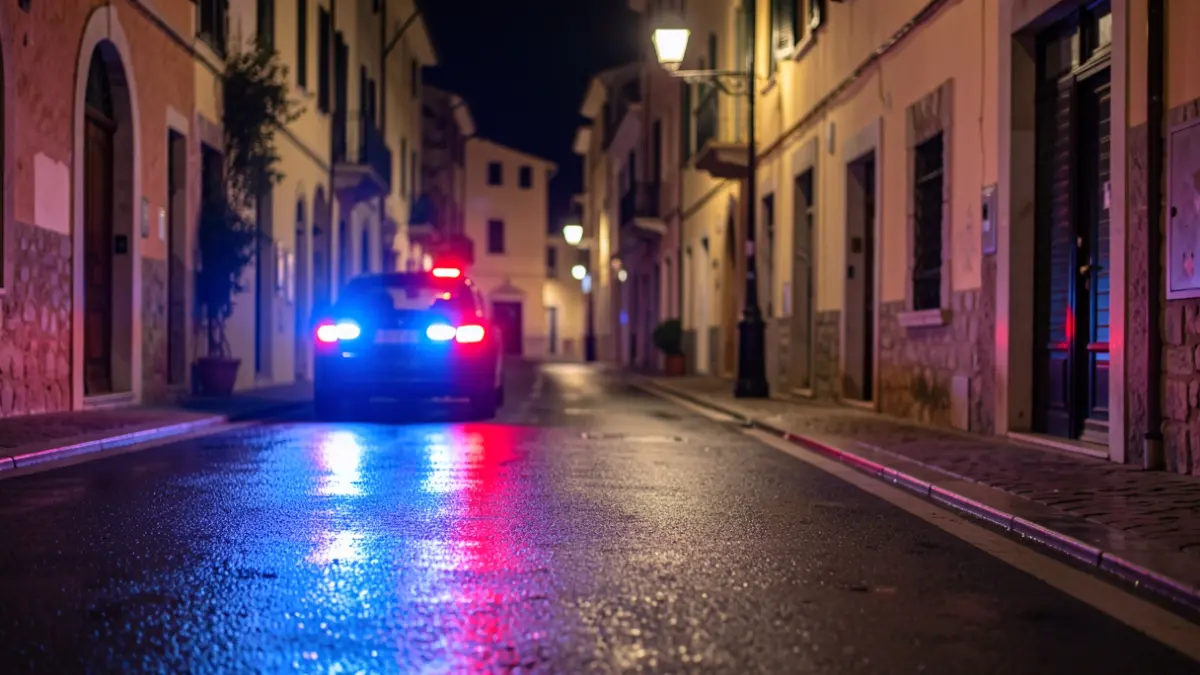 Imagen genérica de luces de emergencia policiales reflejándose en asfalto mojado por la noche.