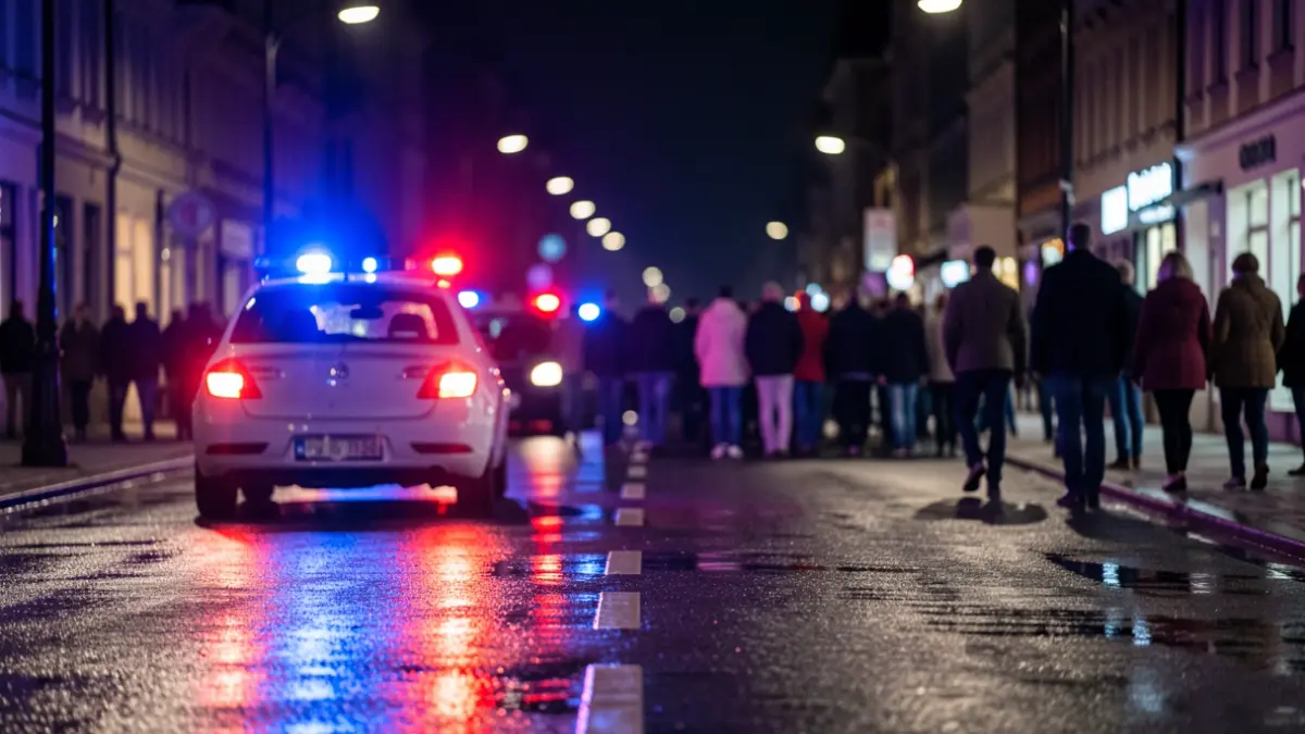 Generic image of police emergency lights reflected on wet asphalt.