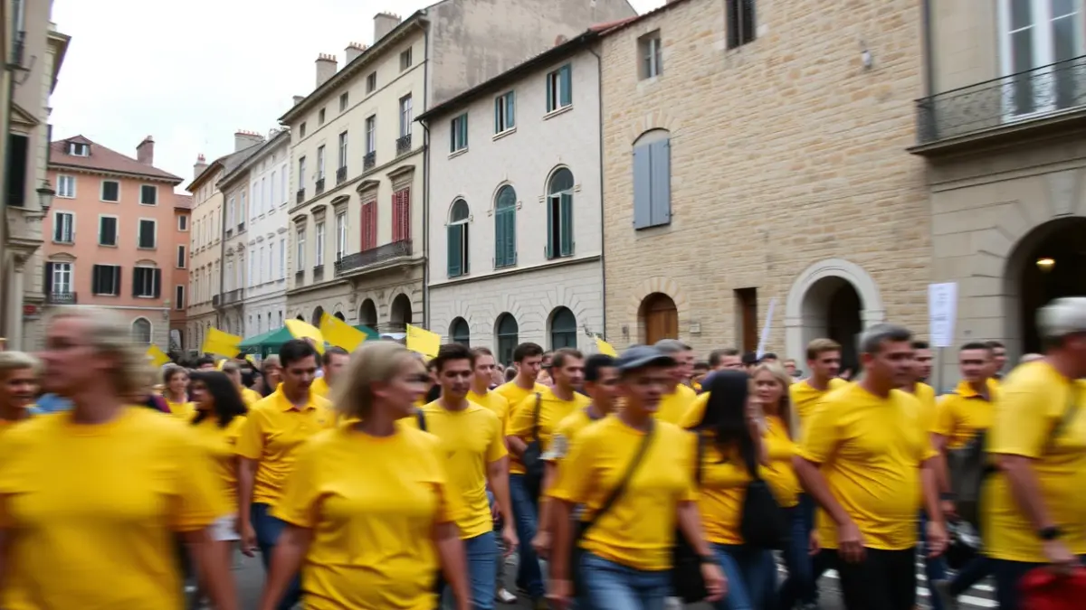 Manifestació de docents amb samarretes grogues pels carrers de Terrassa