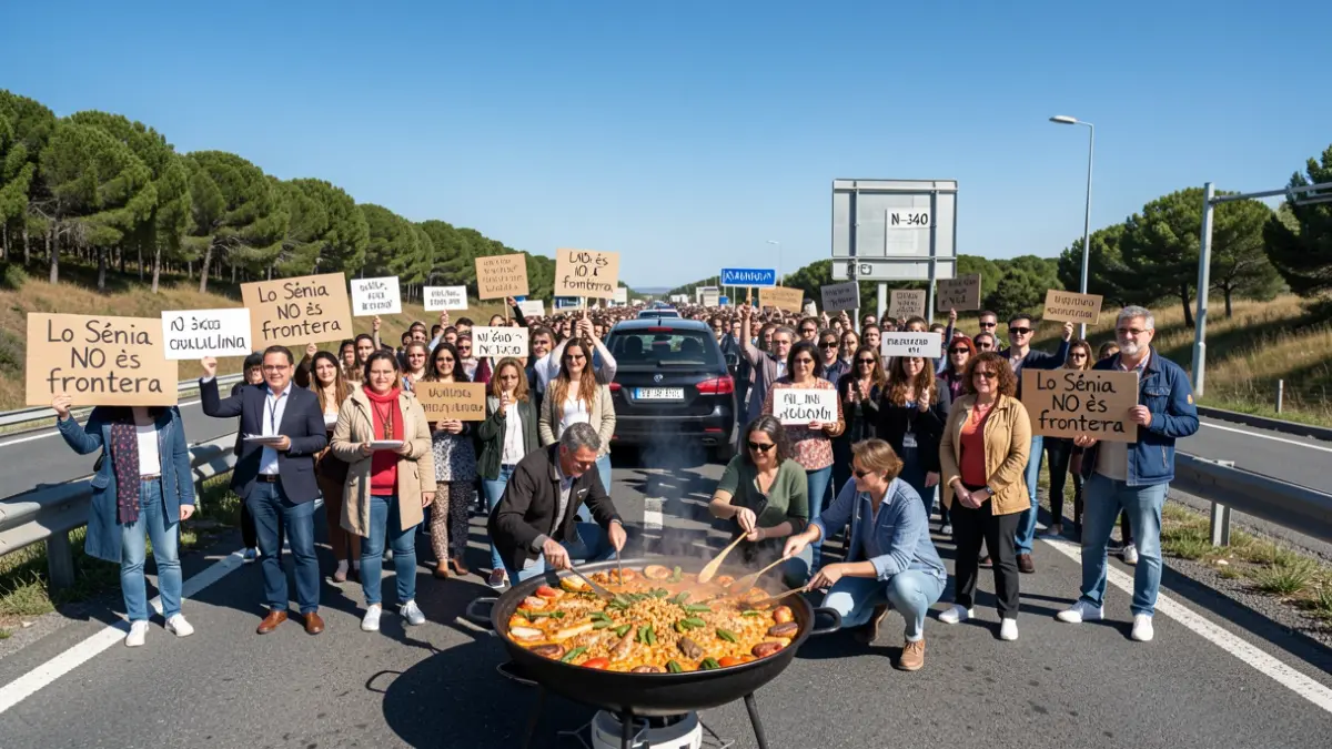 Docents tallant la N-340 a Vinaròs amb pancartes i una paella popular.