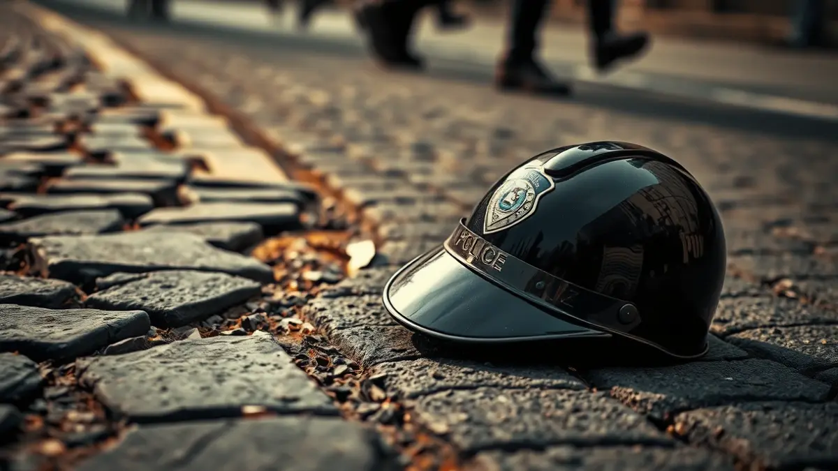 Police helmet and broken cobblestone on the ground