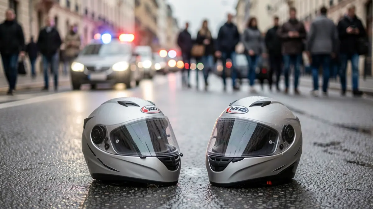 Generic image of two motorcycle helmets on the ground on a wet road.