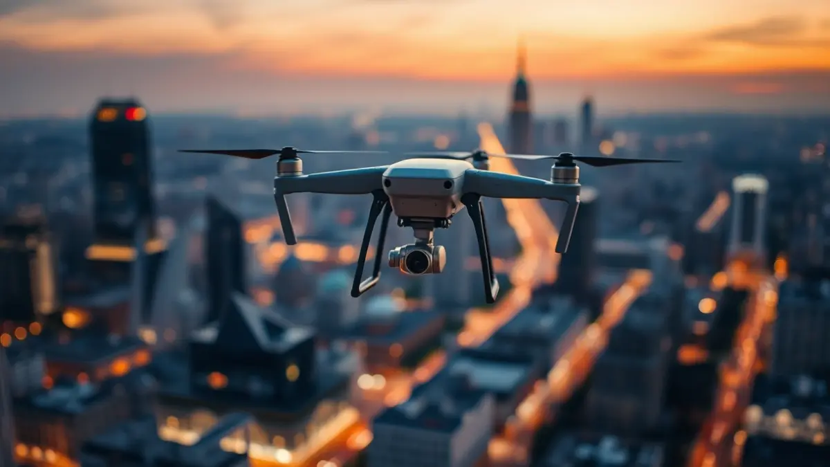 Imagen genérica de un dron sobrevolando una ciudad al atardecer.