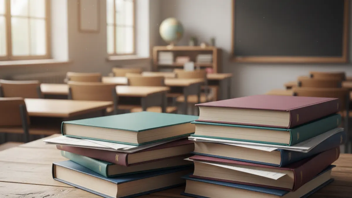Llibres de text apilats en un pupitre, amb una aula desenfocada al fons.