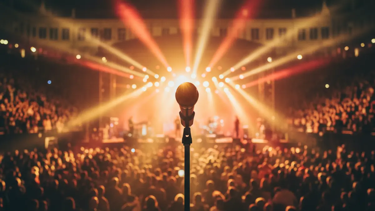 Imatge genèrica d'un concert en directe amb un escenari il·luminat i una multitud borrosa.