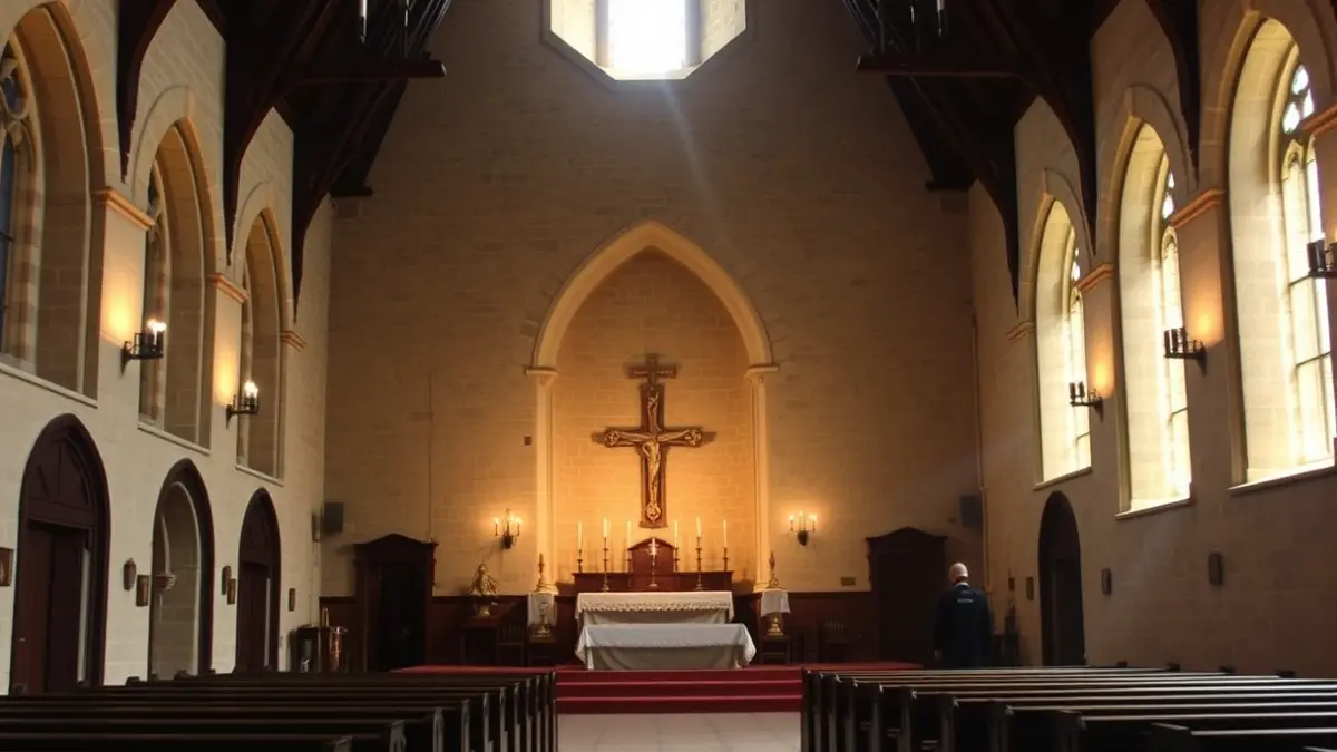 Imagen genérica del interior de una iglesia con iluminación cálida, evocando un ambiente tradicional.
