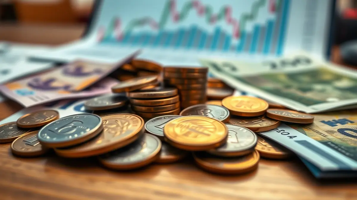 Generic image of euro coins and banknotes on a desk, with a blurred financial graph in the background.