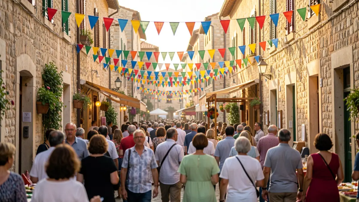 Ambiente festivo en una calle de un barrio de Barcelona durante una celebración popular.